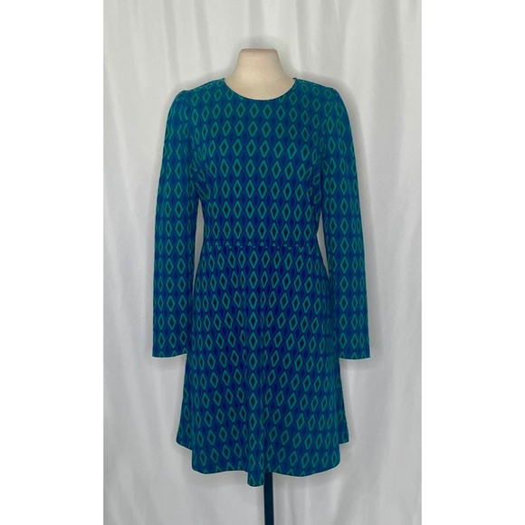 BODEN Jacquard Knit Atlantic Azure Diamond Print Dress Puff Sleeves Size 16 18 - Picture 3 of 16